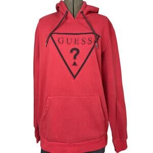 GUESS Red Embossed 3D Logo Hoodie Mens (L) Soft Oversized Streetwear‎